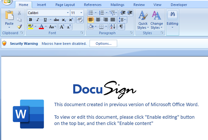 Figure 2: Squirrelwaffle Microsoft Word document lure containing a malicious macro