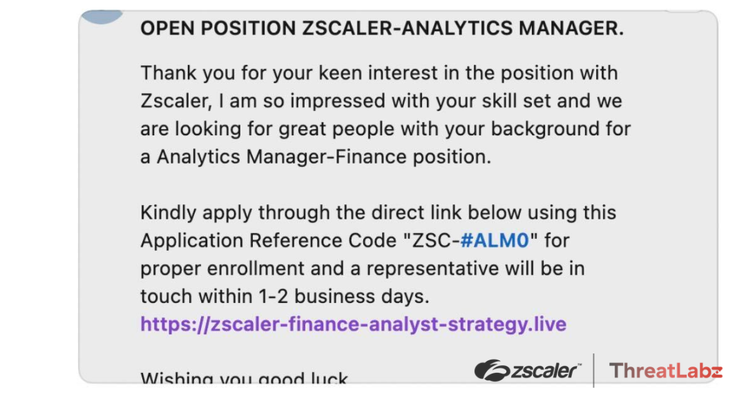Fig 1 - Shows a LinkedIn message phishing for victims with a fake Zscaler job link and reference code
