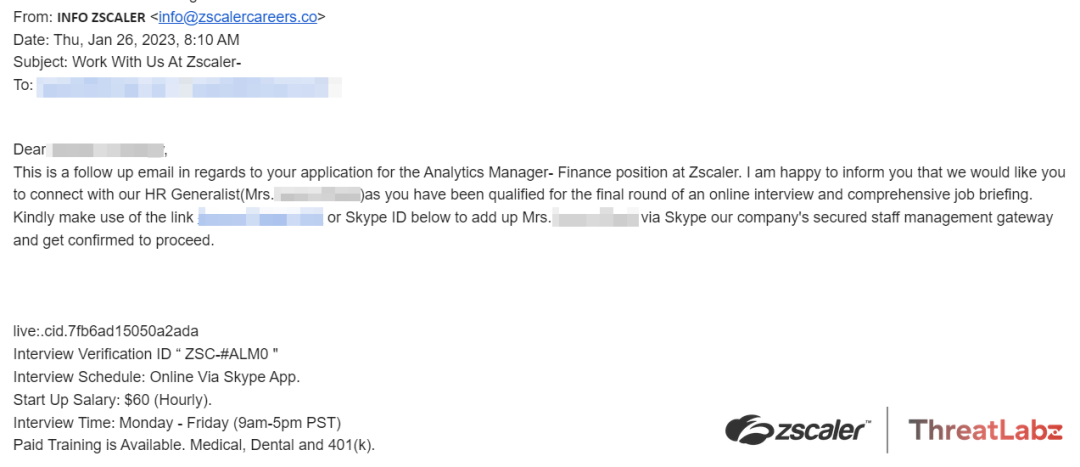 Fig 6 - Malicious email impersonating a Zscaler recruiter scheduling aSkype interview with the victim