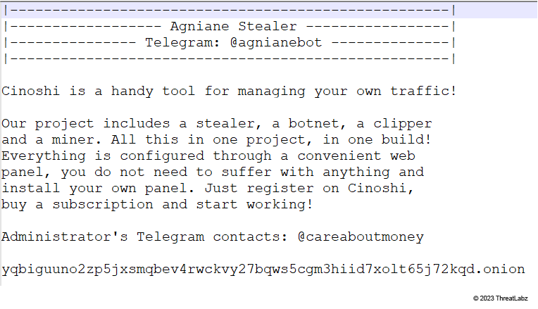 Project information indicating that Agniane Stealer is very likely part of the Cinoshi Project.